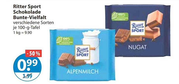 Ritter Sport Schokolade Bunte-Vielfalt verschiedene Sorten je 100-g-Tafel 1 kg = 9.90