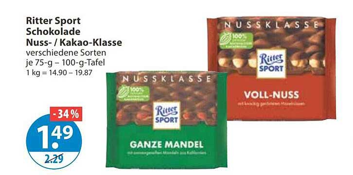 Ritter Sport Schokolade Nuss- / Kakao-Klasse verschiedene Sorten je 75 g – 100-g-Tafel