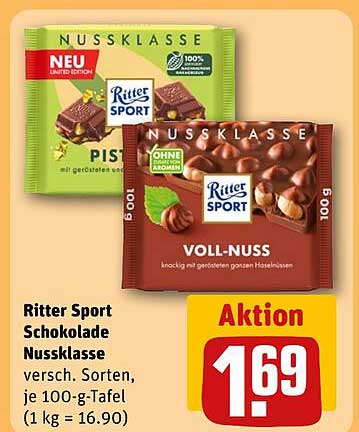 Ritter Sport Schokolade Nussklasse verschieden. Sorten, je 100-g-Tafel (1 kg = 16.90)