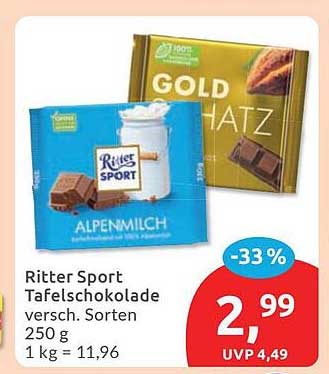 Ritter Sport Tafelschokolade versch. Sorten 250 g 1 kg = 11,96