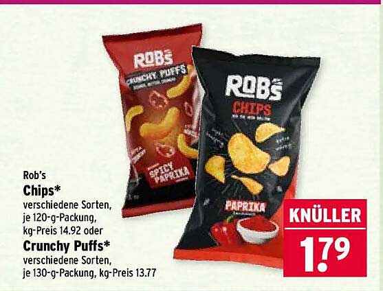 Rob's Chips* verschiedene Sorten, je 120-g-Packung, kg-Preis 14.92 oder Crunchy Puffs* verschiedene Sorten, je 130-g-Packung, kg-Preis 13.77