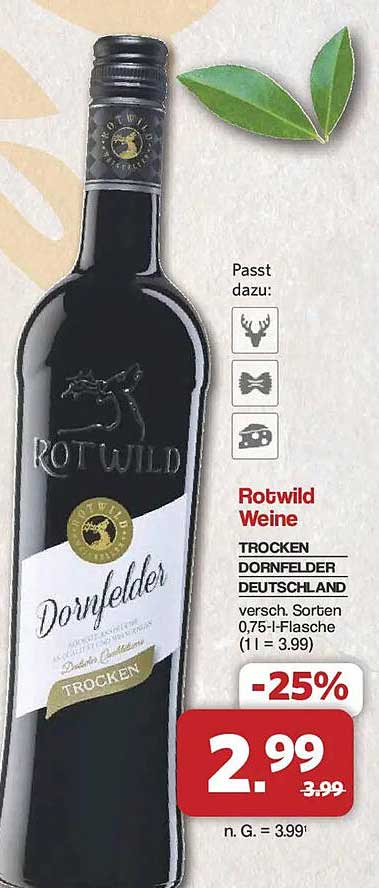 Rotwild Weine TROCKEN DORNFELDER DEUTSCHLAND versch. Sorten 0,75-l-Flasche (1 l = 3.99)