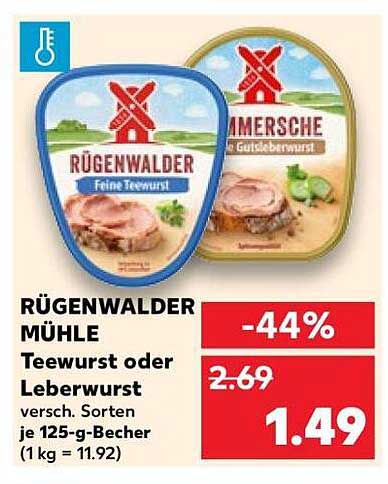 RÜGENWALDER MÜHLE Teewurst oder Leberwurst versch. Sorten je 125-g-Becher (1 kg = 11.92)