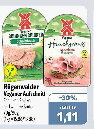 Rügenwalder Veganer Aufschnitt Schinken Spicker und weitere Sorten 70g/80g (1kg=15,86/13,88)