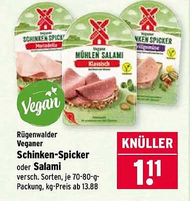 Rügenwalder Veganer Schinken-Spicker oder Salami verschied. Sorten, je 70-80 g Packung, kg-Preis ab 13.88