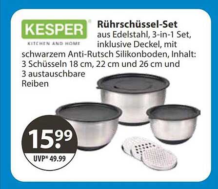 Rührschüssel-Set aus Edelstahl, 3-in-1 Set, inklusive Deckel, mit schwarzem Anti-Rutsch Silikonboden, Inhalt: 3 Schüsseln 18 cm, 22 cm und 26 cm und 3 austauschbare Reiben