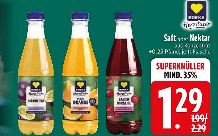 Saft oder Nektar aus Konzentrat +0.25 Pfand, je 1l Flasche