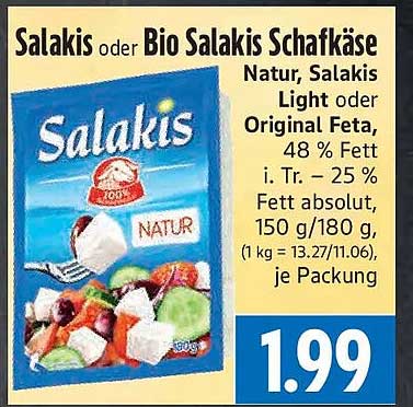 Salakis oder Bio Salakis Schafkäse Natur, Salakis Light oder Original Feta, 48 % Fett i. Tr. – 25 % Fett absolut, 150 g/180 g, je Packung