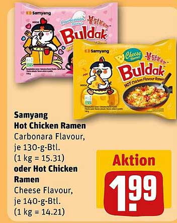 Samyang Hot Chicken Ramen Carbonara Flavour, je 130-g-Btl. (1 kg = 15.31) oder Hot Chicken Ramen Cheese Flavour, je 140-g-Btl. (1 kg = 14.21)
