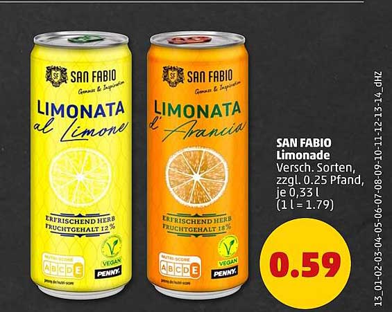 SAN FABIO Limonade Versch. Sorten, zzgl. 0.25 Pfand, je 0,33 l