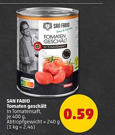 SAN FABIO Tomaten geschält in Tomatensaft, je 400 g, Abtropfgewicht = 240 g (1 kg = 2.46)