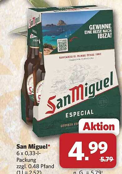 San Miguel* 6 x 0,33-l-Packung zzgl. 0,48 Pfand (1 l = 2,52)