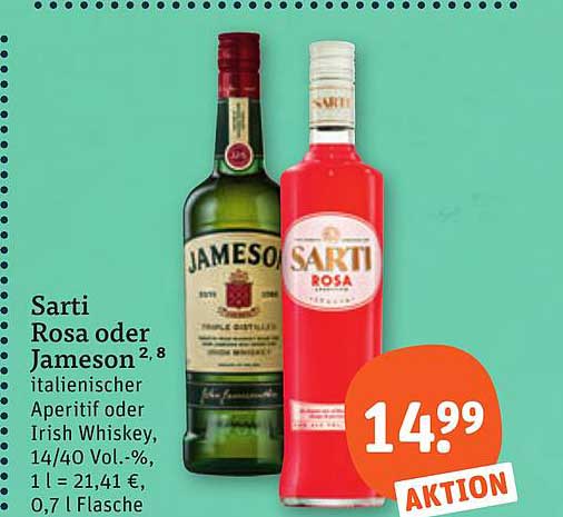 Sarti Rosa oder Jameson italienischer Aperitif oder Irish Whiskey, 14/40 Vol.-%, 1 l