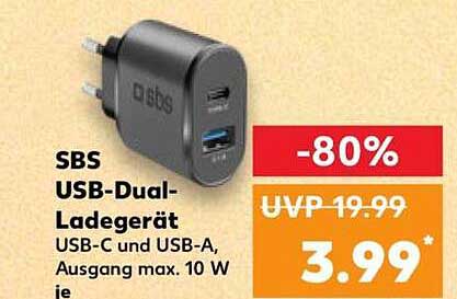 SBS USB-Dual-Ladegerät USB-C und USB-A, Ausgang max. 10 W