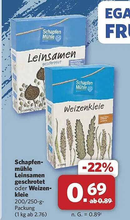 Schapfenmühle Leinsamen geschrotet oder Weizenkleie 200/250-g-Packung