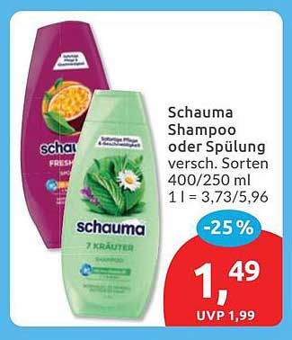 Schauma Shampoo oder Spülung versch. Sorten 400/250 ml 1 l = 3,73/5,96