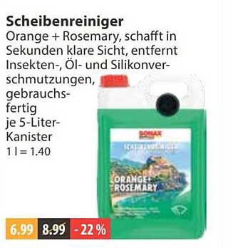 Scheibenreiniger Orange + Rosemary, schafft in Sekunden klare Sicht, entfernt Insekten-, Öl- und Silikonverschmutzungen, gebrauchsfertig je 5-Liter-Kanister 1 l = 1.40