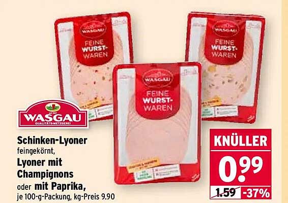 Schinken-Lyoner feingekörnt, Lyoner mit Champignons oder mit Paprika, je 100-g-Packung, kg-Preis 9.90