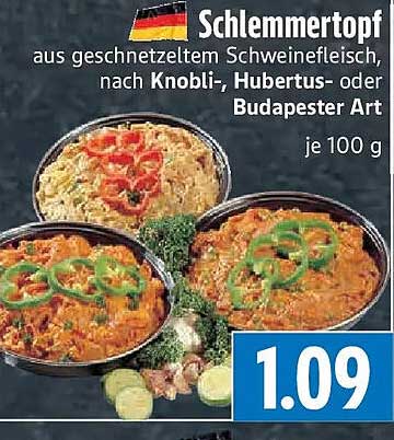 Schlemmertopf aus geschnitzeltem Schweinefleisch, nach Knobli-, Hubertus- oder Budapester Art