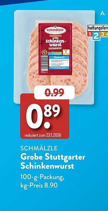 SCHMÄLZLE Grobe Stuttgarter Schinkenwurst 100-g-Packung, kg-Preis 8.90