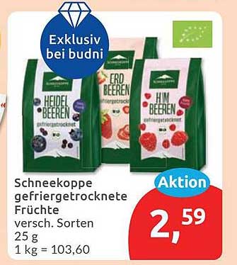 Schneekoppe gefriergetrocknete Früchte versch. Sorten 25 g 1 kg = 103,60