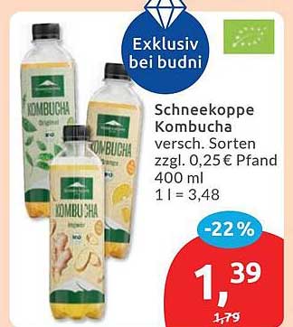 Schneekoppe Kombucha versch. Sorten zzgl. 0,25 € Pfand 400 ml 1 l = 3,48