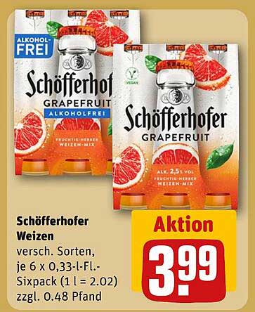 Schöfferhofer Weizen versch. Sorten, je 6 x 0,33-l-Fl.-Sixpack (1 l = 2.02) zzgl. 0.48 Pfand