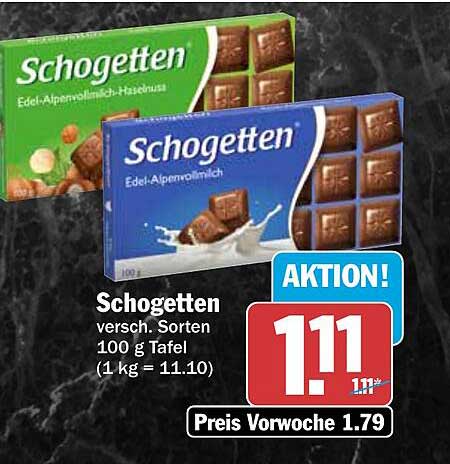 Schogetten versch. Sorten 100 g Tafel (1 kg = 11.10)