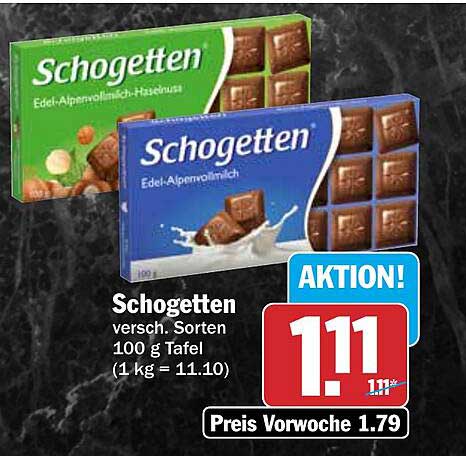 Schogetten versch. Sorten 100 g Tafel (1 kg = 11.10)