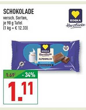 SCHOKOLADE versch. Sorten, je 90 g Tafel (1 kg = € 12.33)