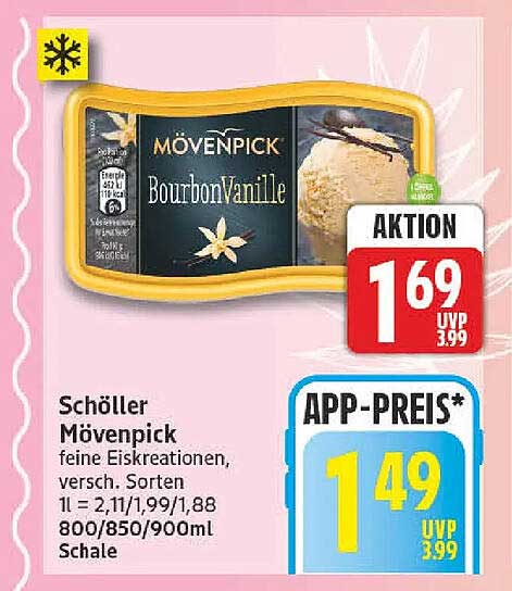 Schöller Mövenpick feine Eiskreationen, versch. Sorten 1 l = 2,11/1,99/1,88 800/850/900ml Schale
