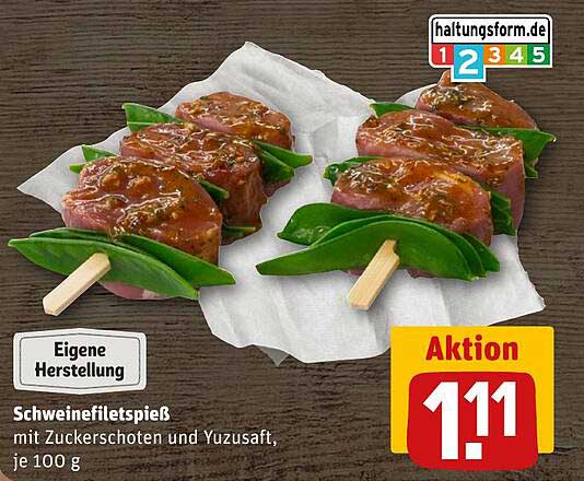 Schweinefiletspieß mit Zuckerschoten und Yuzusaft, je 100 g