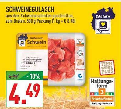 SCHWEINEGULASCH aus dem Schweineschinken geschnitten, zum Braten, 500 g Packung | 1 kg = € 8,98