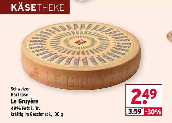 Schweizer Hartkäse Le Gruyère 49% Fett i. Tr. kräftig im Geschmack, 100 g