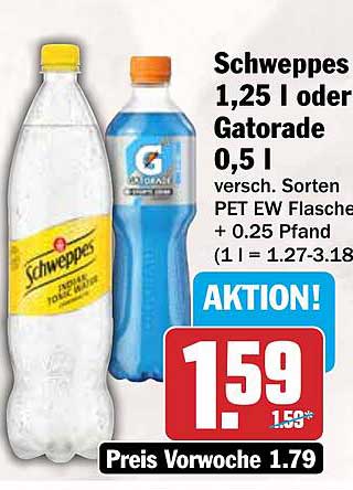 Schweppes 1,25 l oder Gatorade 0,5 l versch. Sorten PET EW Flasche + 0,25 Pfand (1 l = 1.27-3.18)