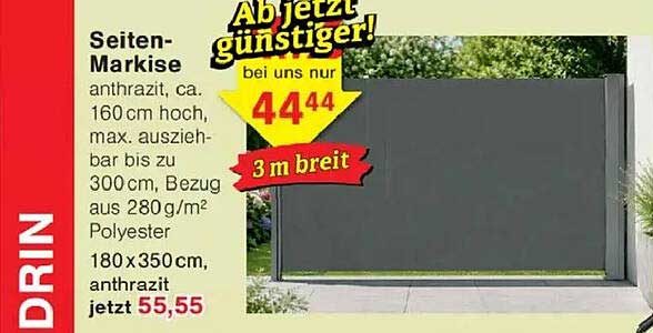 Seiten-Markise anthrazit, ca. 160 cm hoch, max. ausziehbar bis zu 300 cm, Bezug aus 280 g/m² Polyester 180×350 cm, anthrazit