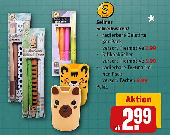 Sellner Schreibwaren³ - radierbare Geltifte 3er-Pack versch. Tiermotive