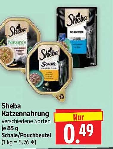 Sheba Katzennahrung verschiedene Sorten je 85 g Schale/Pouchbeutel (1 kg = 5.76 €)