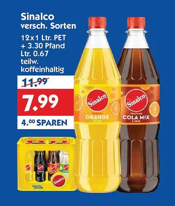 Sinalco versch. Sorten 12 x 1 Ltr. PET + 3.30 Pfand Ltr. 0.67 teilw. koffeinhaltig