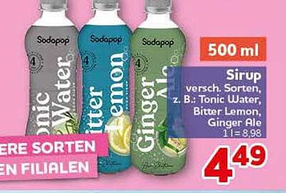 Sirup verschieden Sorten z. B.: Tonic Water, Bitter Lemon, Ginger Ale 1 l = 8,98