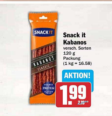 Snack it Kabanos versch. Sorten 120 g Packung (1 kg = 16.58)