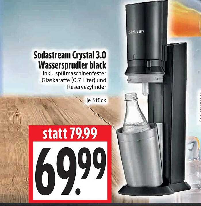 Sodastream Crystal 3.0 Wassersprudler black inkl. spülmaschinenfester Glaskaraffe (0,7 Liter) und Reservezylinder
