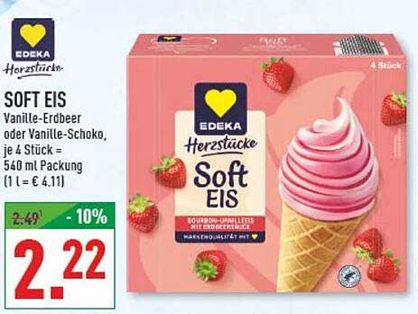 SOFT EIS Vanille-Erdbeer oder Vanille-Schoko, je 4 Stück = 540 ml Packung (1 l = € 4.11)
