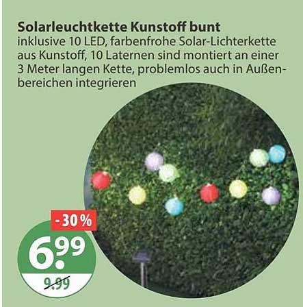 Solarleuchtkette Kunststoff bunt inklusive 10 LED, farbenfrohe Solar-Leuchtkette aus Kunststoff, 10 Laternen sind montiert an einer 3 Meter langen Kette, problemlos auch in Außenbereichen integrieren