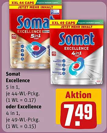 Somat Excellence 5 in 1, je 44-WL-Pckg. (1 WL = 0.17) oder Excellence 4 in 1, je 49-WL-Pckg. (1 WL = 0.15)