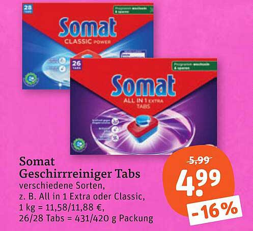 Somat Geschirrreiniger Tabs verschiedene Sorten, z. B. All in 1 Extra oder Classic, 1 kg = 11,58/11,88 €, 26/28 Tabs = 431/420 g Packung