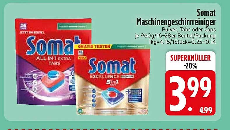 Somat Maschinen geschirrreiniger Pulver, Tabs oder Caps je 960g/16-28er Beutel/Packung