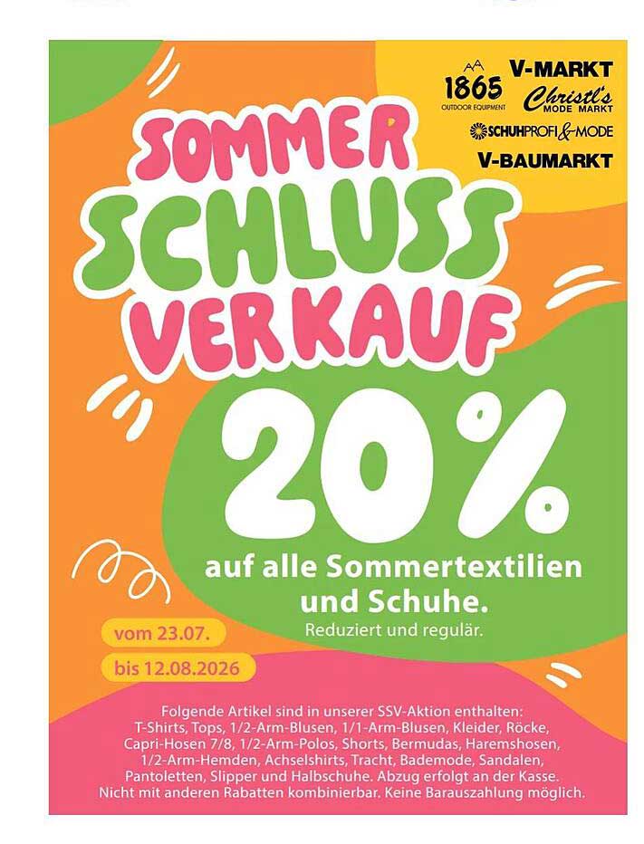 SOMMER SCHLUSS VERKAUF 20% auf alle Sommertextilien und Schuhe.