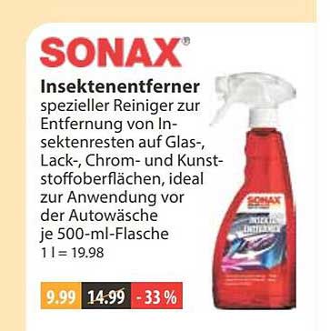 SONAX Insektenentferner spezieller Reiniger zur Entfernung von Insektenresten auf Glas-, Lack-, Chrom- und Kunststoffoberflächen, ideal zur Anwendung vor der Autowäsche je 500-ml-Flasche