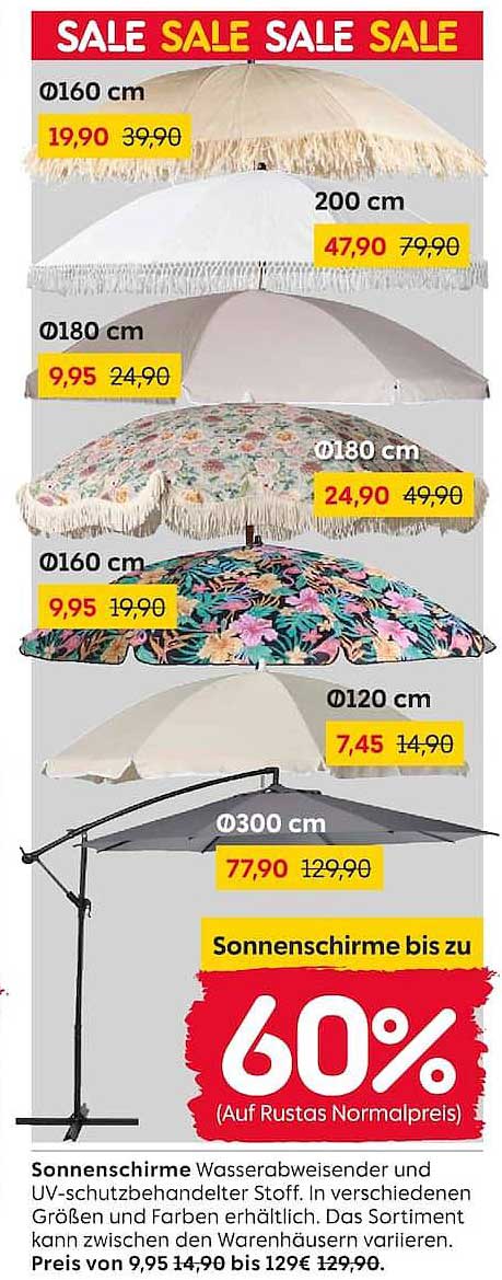 Sonnenschirme bis zu 60% (Auf Rustas Normalpreis)